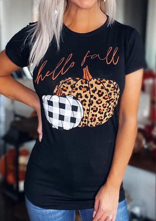 Thanksgiving Leopard Plaid Pumpkin Hello Fall T-Shirt Tee - Black - Fairyseason | Fairy Season US