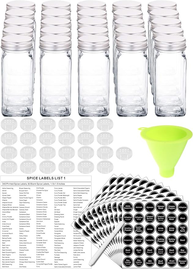 SWOMMOLY 25 Glass Spice Jars with 396 Spice Labels, Chalk Marker and Funnel Complete Set. 25 Squa... | Amazon (US)