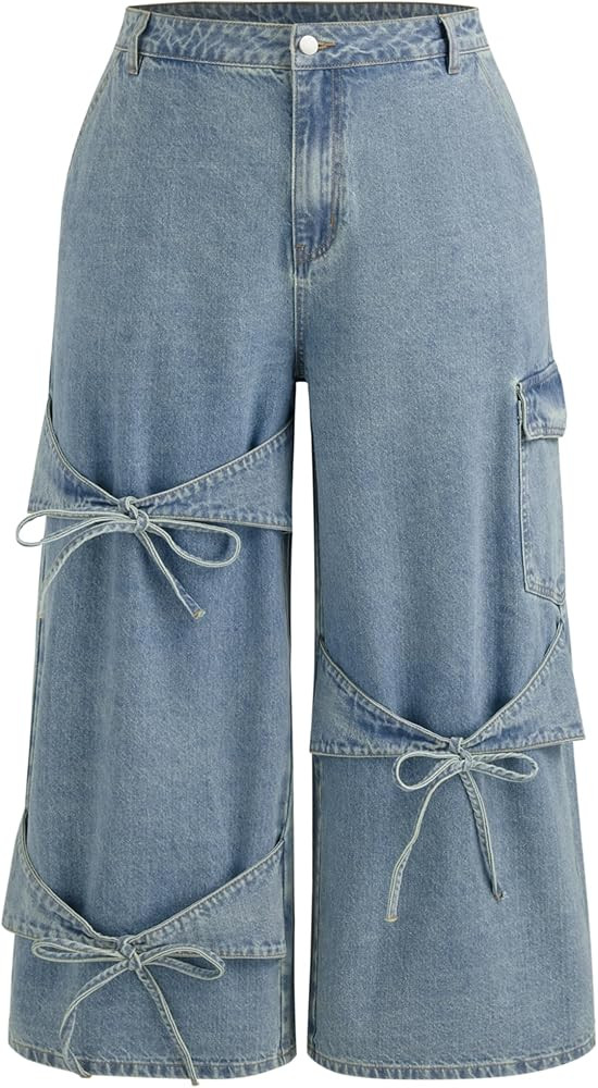 CIDER Baggy Jeans for Women Low Waisted Wide Straight Leg Bow Jeans Denim Pants | Amazon (US)