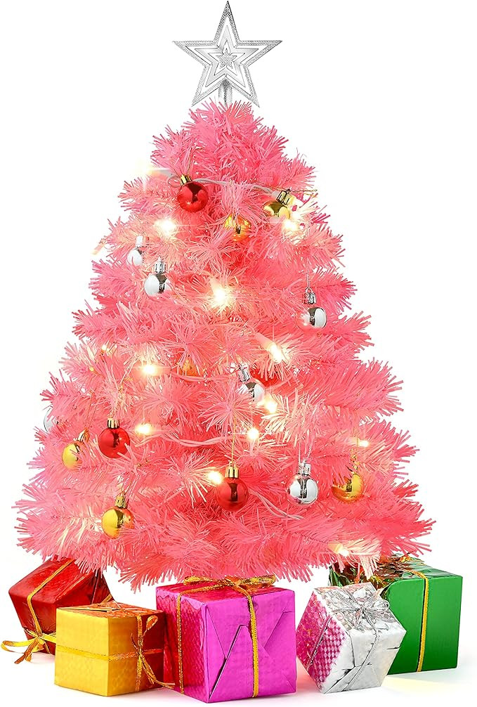 23-Inch Mini Pink Christmas Tree with Warm-White LED Lights - DIY Tabletop Christmas Tree with St... | Amazon (US)