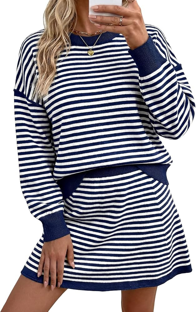 Tankaneo Women 2 Piece Striped Sweater Skirt Set Fall Outfits Matching Sets | Amazon (US)