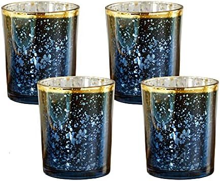 Kate Aspen Mercury Glass Tea Light Holder, Wedding/Party Decorations (Set of 4), Navy/Gold | Amazon (US)