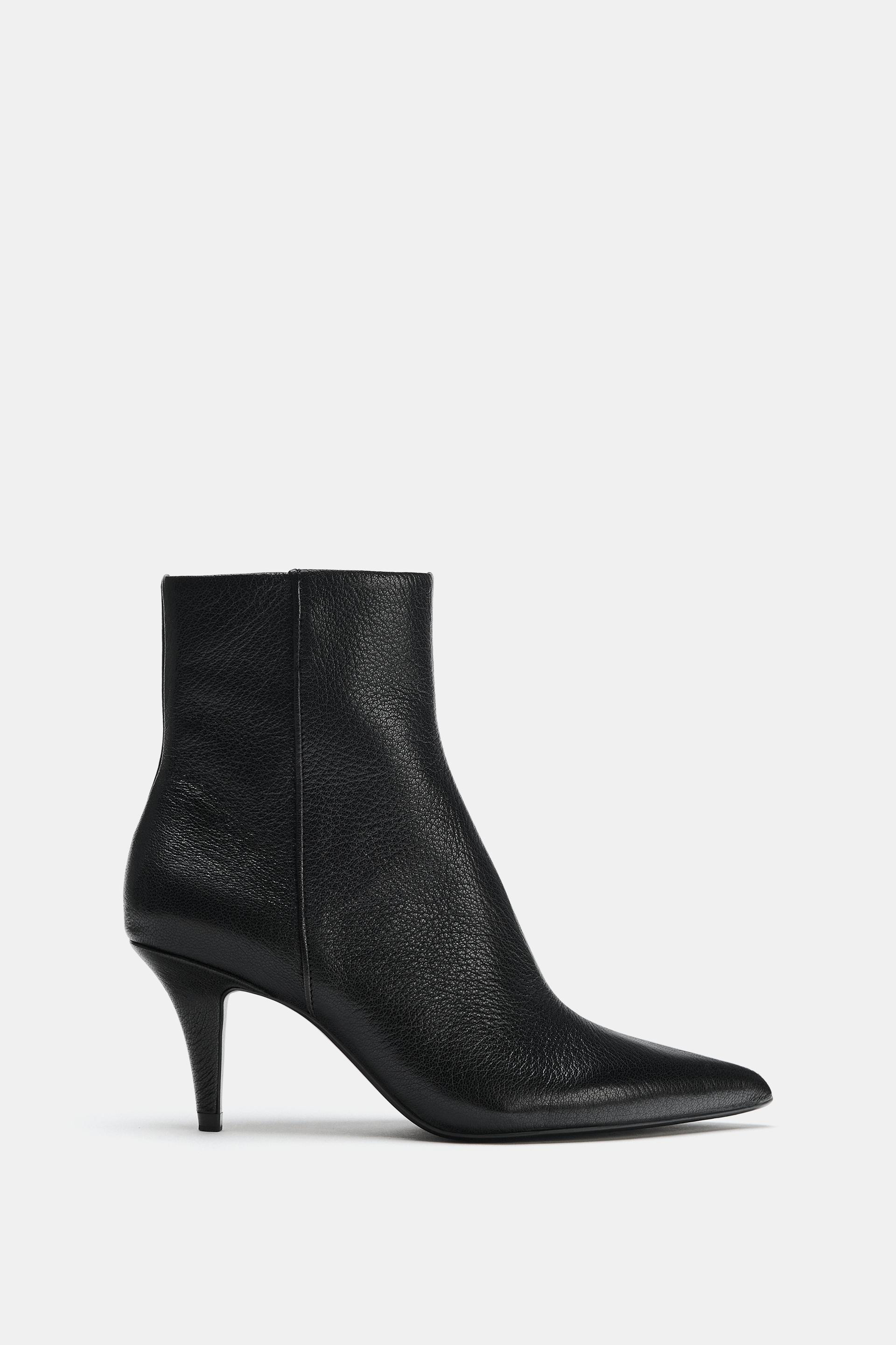 Zara - Leather Heeled Ankle Boots - Black - 5 - Woman | Zara US