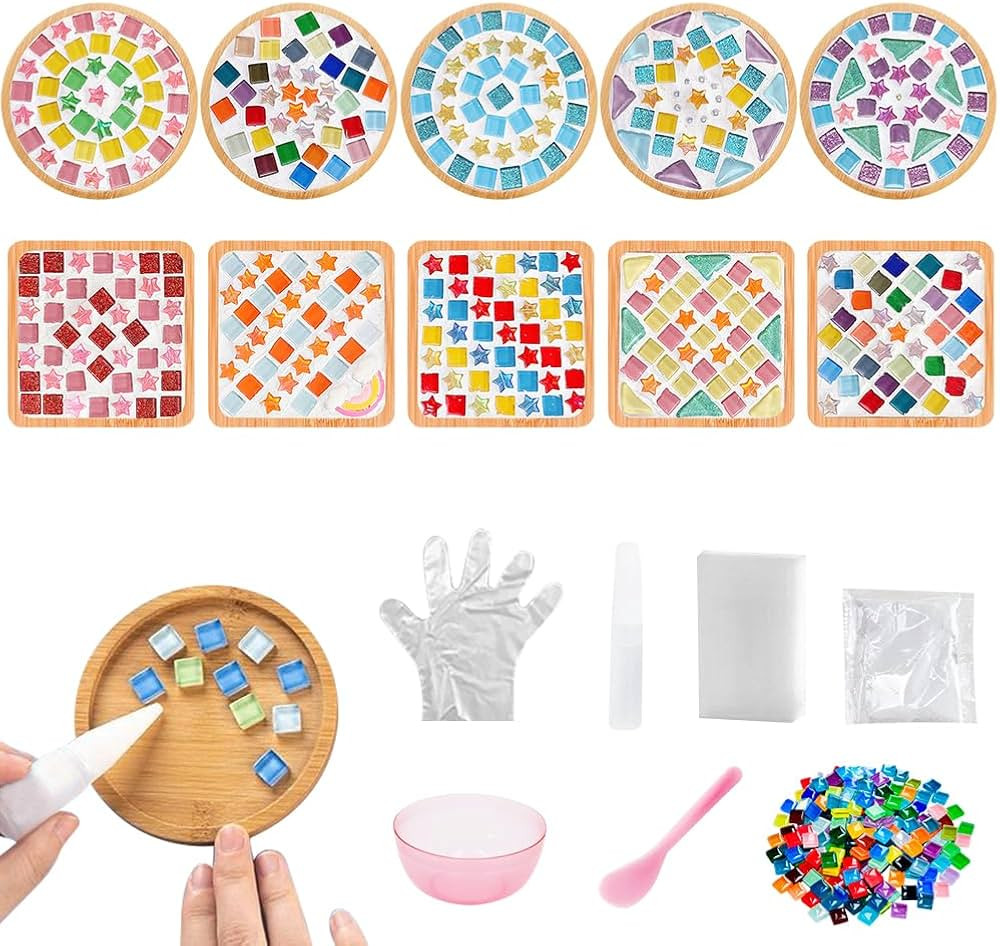 Adboros 10 Sets DIY Glass Mosaic Tiles for Crafts Mixed Color Mosaic Kits with Wooden Coaster for... | Amazon (US)