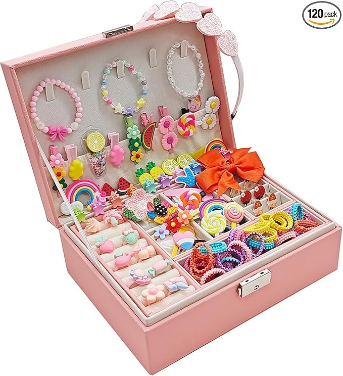 Jewelry Box with Hair Accessories for Girls, Hair Clips/Barrettes/Hair Ties/Bows/Toy Rings/Bracel... | Amazon (US)