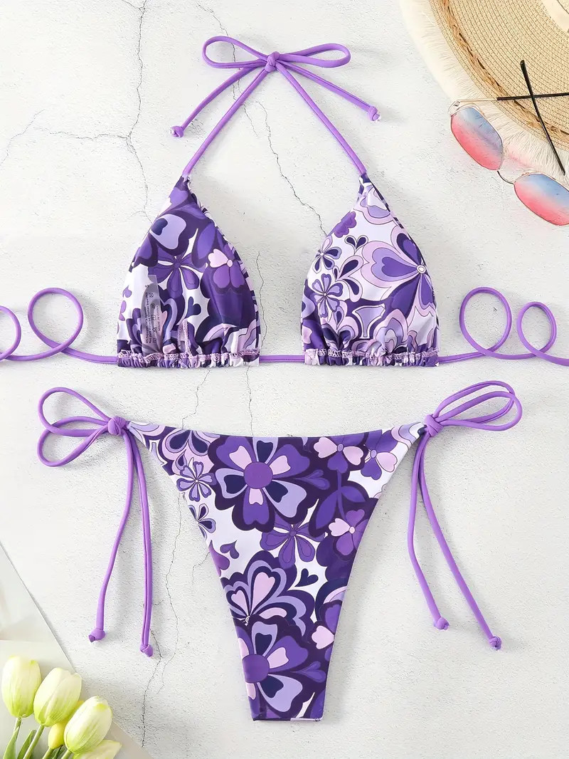 Floral Pattern Triangle Bikini Halter V Neck Tie Back - Temu | Temu Affiliate Program