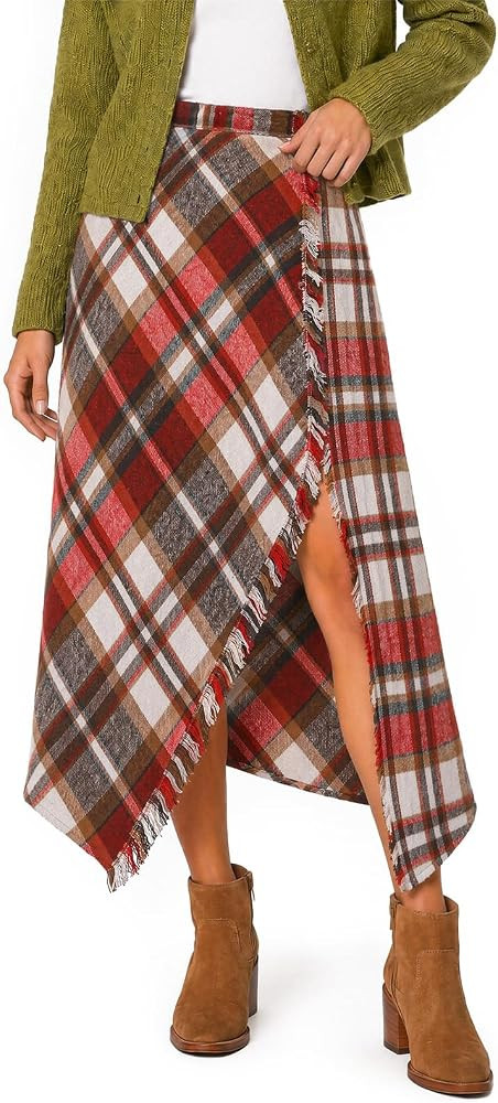 Yousify Plaid Skirts for Women Wrap Asymmetrical Hem Tartan Slit Midi Skirt | Amazon (US)
