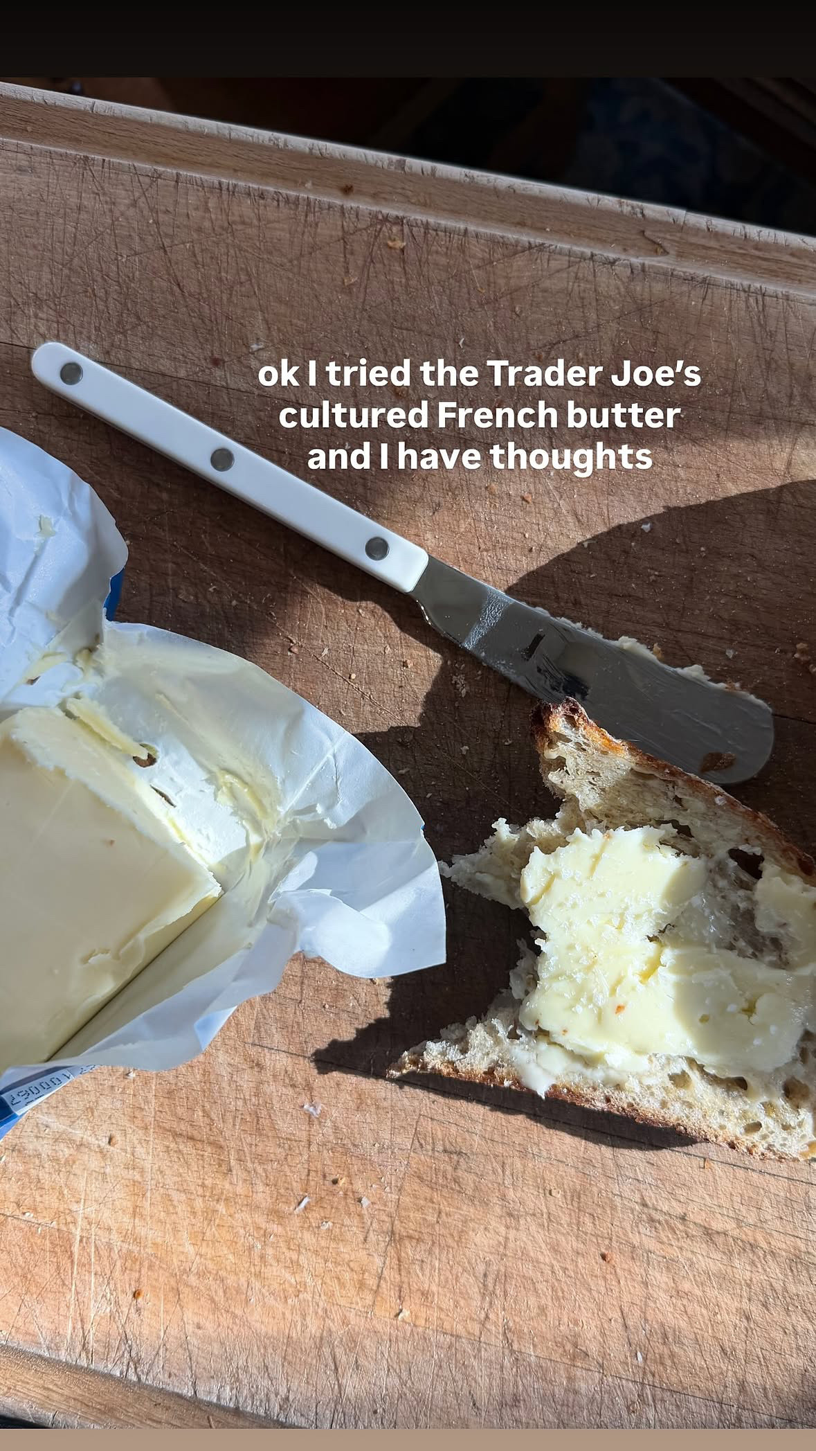 French Butter from Trader Joes! 

butter l knife l cutting board l kitchen 

 