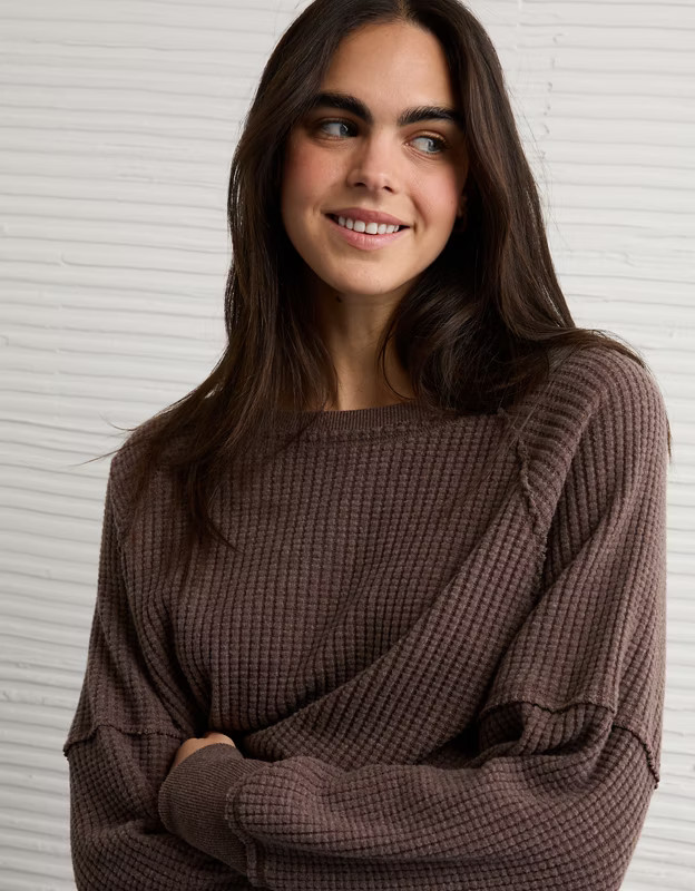 AE Big Hug Off-The-Shoulder Waffle Sweatshirt | American Eagle Outfitters (US & CA)