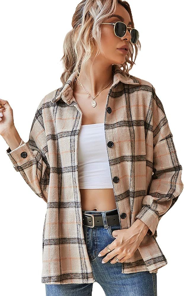 chouyatou Women's Western Stylish Long Sleeve Button Down Oversize Plaid Flannel Shacket Shirt Ja... | Amazon (US)