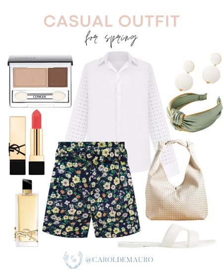 Be comfy and in style with this outfit idea: denim blue floral pedal shorts, a white patterned long-sleeve polo, a chic emerald green headband, a white woven handbag, and white flat sandals!
#springoutfit #resortwear #stylishaccessories #casuallook

#LTKstyletip #LTKitbag #LTKSeasonal