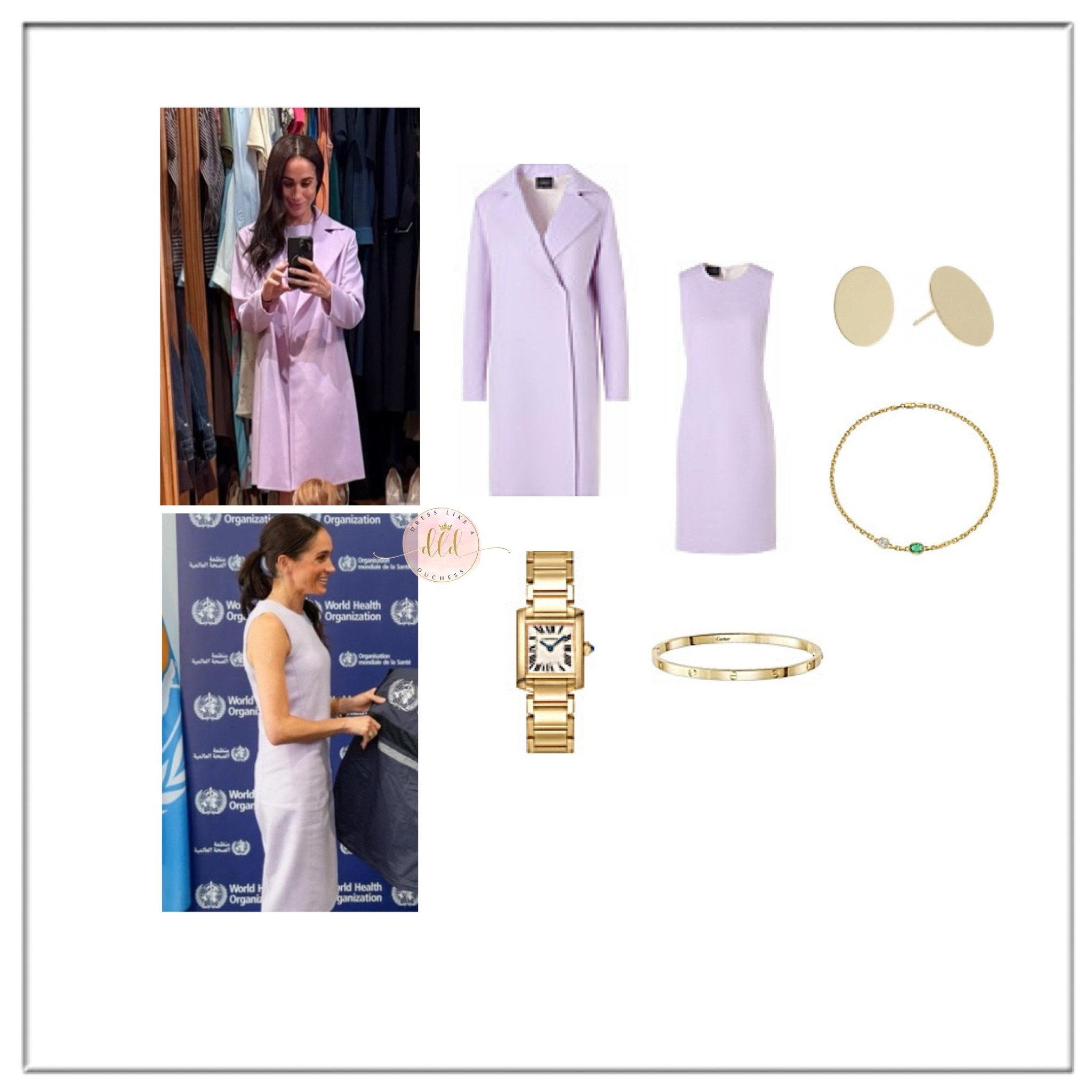 5/16-5/17 Meghan Markle at home in Montecito and in Geneva at a WHO meeting 
Wearing Bespoke Akris Lightweight Double-Face Cashmere Coat  + Akris Bespoke Akris Cotton Silk Double-Face Sheath Dress in Lilac
+ Logan Hollowell Lovers Duet Diamond and Emerald Chain Necklace+ Ariel Gordon Royal Signet Studs