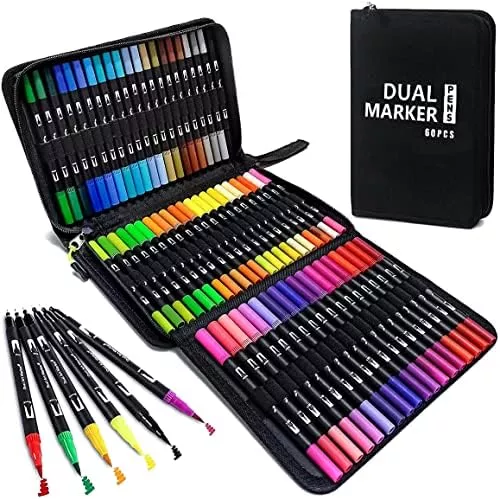 Eglyenlky Colored Markers for Adult Coloring, Coloring Pen, Dual Tip Brush Pens with Brush and Fine Tip for Adult Teen Kids Coloring Journaling