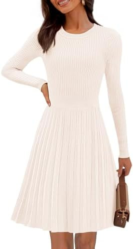 MEROKEETY Women's 2025 Long Sleeve Mini Sweater Dress Crewneck Ribbed Knit A Line Pleated Swing S... | Amazon (US)