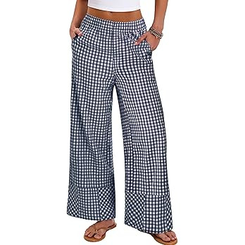 ANRABESS Womens Gingham Pants Checkered Plaid Striped Boxer Wide Leg Palazzo Pants Lounge PJ Bott... | Amazon (US)