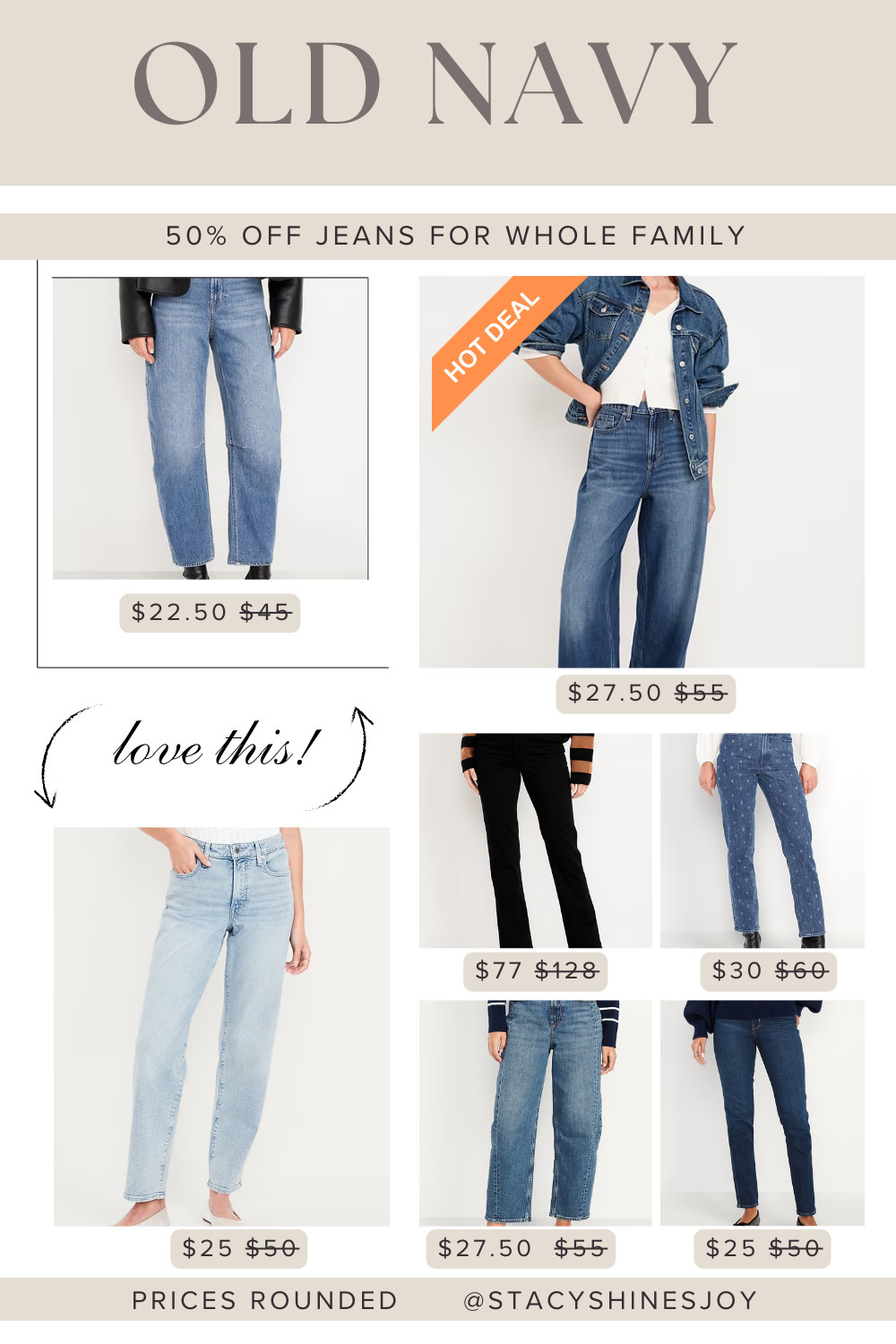 New Year, New You! Start it off with an affordable jean refresh. All jeans at Old Navy are 50% off! Today only!

#affordablejeans #barreljeans #straightlegjeans #boyfriendjeans #blackjeans #bluejeans 

 #LTKmomlife #LTKSaleAlert #LTKFindsUnder50