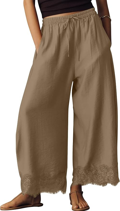 Womens Lace Trim Wide Leg Pants 2026 Summer Cropped Lace-Hem Pants Casual Outfits with Pockets | Amazon (US)