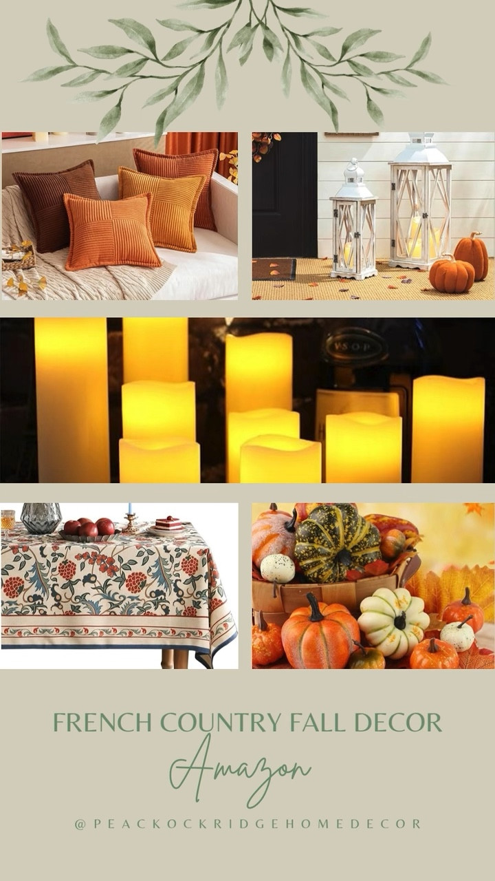 Transform your home with our curated collection of FRENCH COUNTRY FALL DECOR, featuring rustic lanterns, elegant table linens, cozy throws, and seasonal florals. 

Our hand-picked fall wreaths and warm-toned arrangements bring a touch of the harvest season indoors, perfect for creating a welcoming atmosphere. From charming candle-lit lanterns to soft, textured throws, every piece is designed to blend vintage allure with cozy comfort. 

Whether you're hosting a fall gathering or simply refreshing your space, our décor selection will infuse your home with the timeless beauty of French country charm, perfect for celebrating the season in style. 

#LTKHome #LTKFindsUnder100 #LTKSeasonal