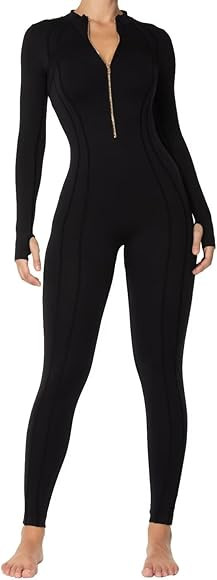 Sunzel Yoga Jumpsuits for women, Long Sleeve Workout Jumpsuit, Gold Zipper Front, One Piece Sport... | Amazon (US)