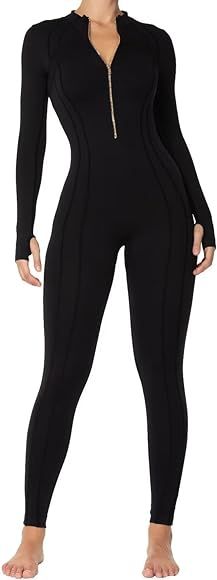 Sunzel Yoga Jumpsuits for women, Long Sleeve Workout Jumpsuit, Gold Zipper Front, One Piece Sport... | Amazon (US)