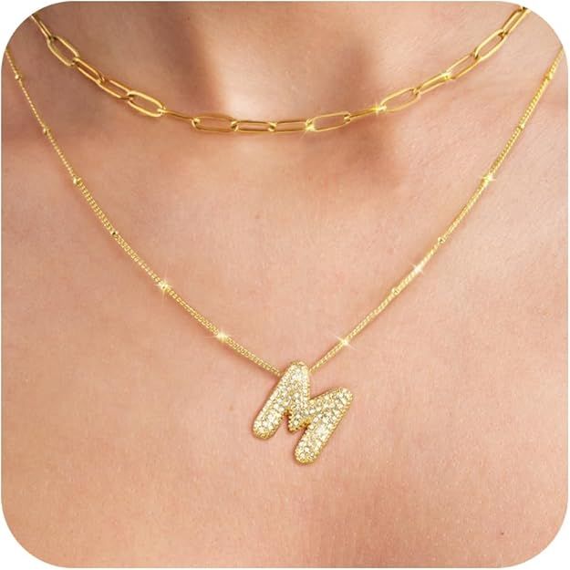 Diamond Bubble Letter Necklace Gold for Women,14K Gold Plated, Initial Necklaces for Women,Dainty... | Amazon (US)