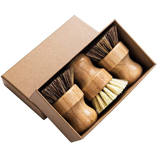 Palm Pot Brush- Bamboo Round 3 Packs Mini Dish Brush Natural Scrub Brush Durable Scrubber Cleaning Kit with Union Fiber and Tampico Fiber for Cleaning Pots, Pans and Vegetables | Amazon (US)