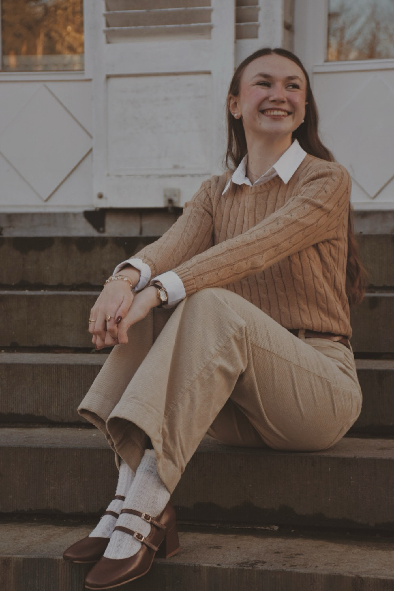 Camel cable knit sweater
White shirt
Beige corduroy trousers

Light academia 
Light academia outfit 
Light academia style 
Light academia aesthetic 
Neutral outfit 
Autumn outfit 
Autumn fashion 
Autumn fashion inspo

#LTKSeasonal #LTKMostLoved