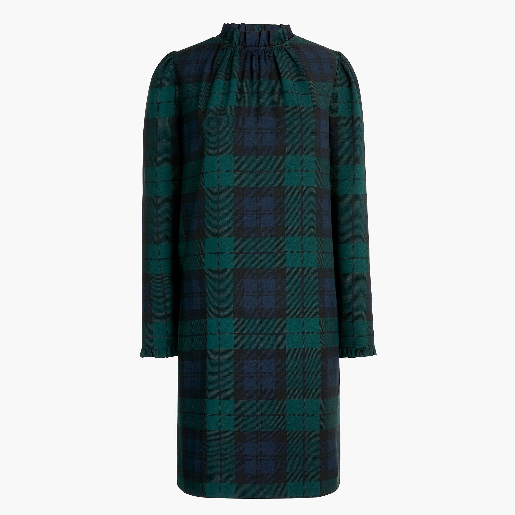 Ruffleneck shift dress in Black Watch plaid | J.Crew Factory