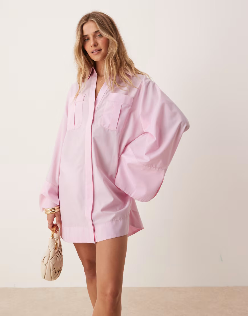 ASOS DESIGN mini shirt dress with wide cuffs and oversized pockets in sugary pink | ASOS (Global)