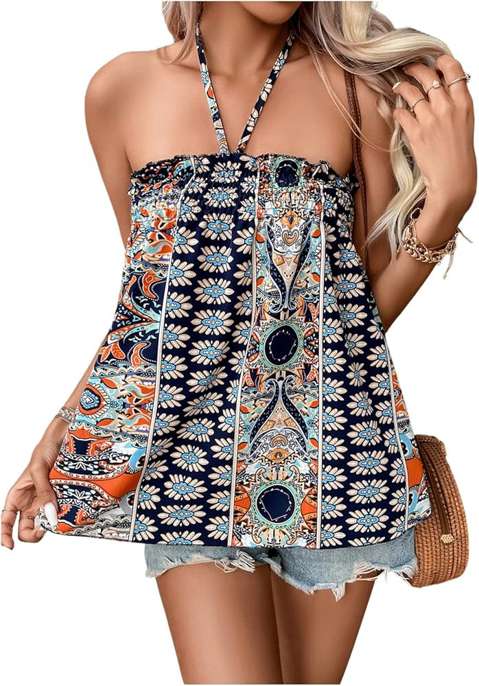 SweatyRocks Women's Boho Floral Print Backless Halter Top Summer Sleeveless Cami Tank Tops | Amazon (US)