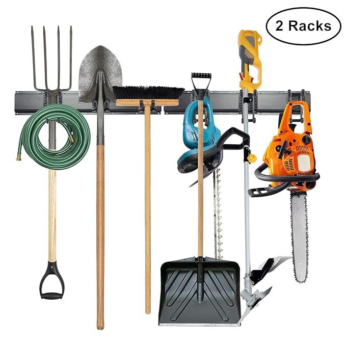Tool Storage Rack, 8 Piece Garage Organizer, Metal, Wall Mounted, Holder for Broom, Mop, Rake Sho... | Amazon (US)