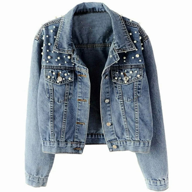 Women Oversized Denim Jacket Embroidered - Beading Jeans Coat Blue L | Walmart (US)
