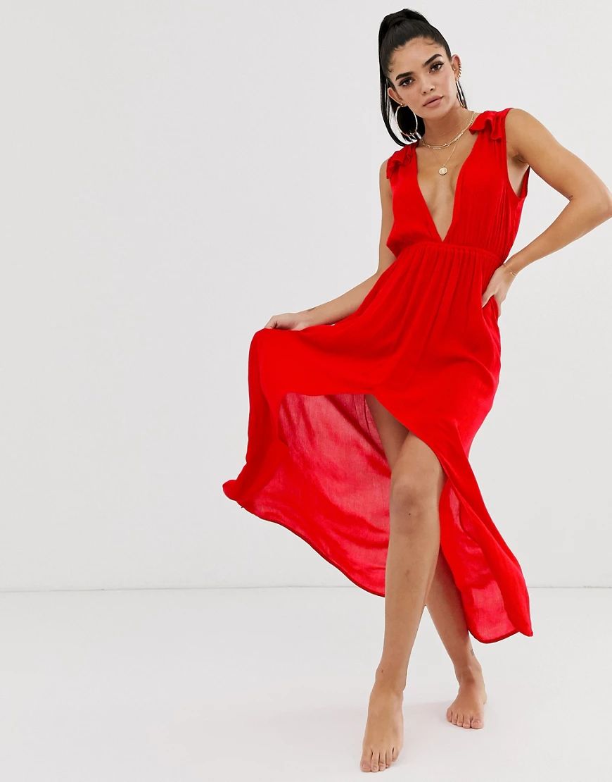 ASOS DESIGN plunge beach maxi dress with ruffle shoulders & high low hem-Red | ASOS (Global)