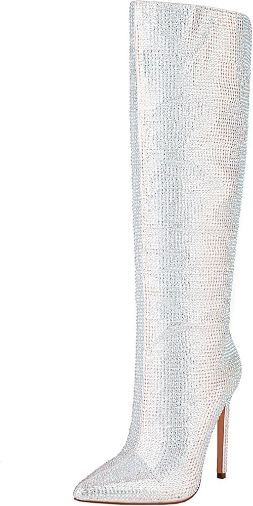 vivianly Womens Knee High Boots Pointed Toe Rhinestone Booties Stiletto Heel Long Boot | Amazon (US)