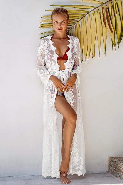 White Floral Long Sleeve Maxi Cover Up | Cupshe