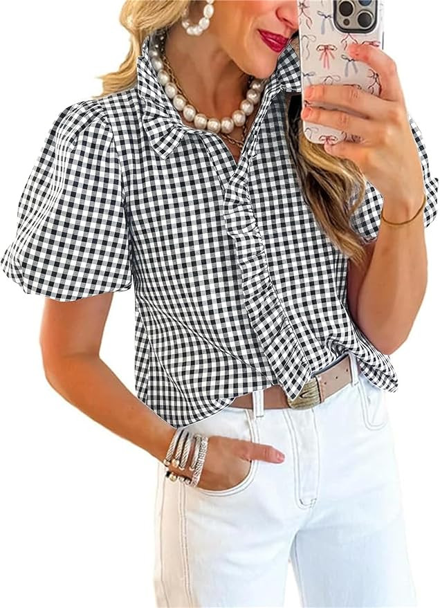 ETCYY Puff Sleeve Tops for Women Summer Striped Ruffle Tops Trendy Button Down Plaid Shirts Puffy... | Amazon (US)