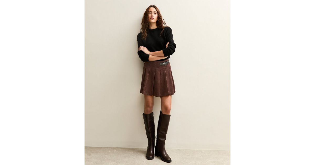 Dark Brown Corduroy Pleated Mini Skirt | New Look | New Look (UK)