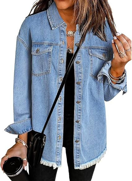 Zeagoo Jean Jackets for Women Ripped Stretchy Denim Jean Jacket Casual Long Sleeve Pockets Oversi... | Amazon (US)