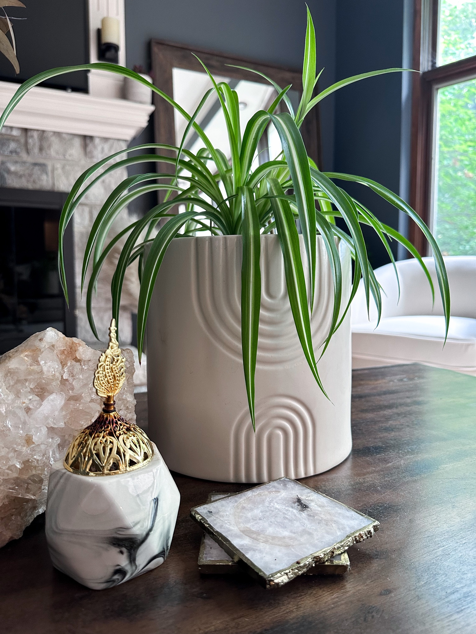 Planters on huge sale now! This one was only $17.50 and is a very large size (with optional drainage hole) I love how it looks next to my agate coasters and marble style insense burner. Believe it or not, I got this spider plant on Amazon! I have had it 6+ months and it has been so healthy and grown so big! 

#LTKhome #LTKunder50 #LTKsalealert