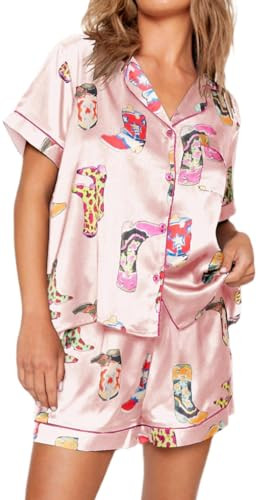 Cowboy Boot Pajamas For Women Cute Silk Satin Preppy Pjs Shorts Y2k Printed 2 Piece Button Down P... | Amazon (US)