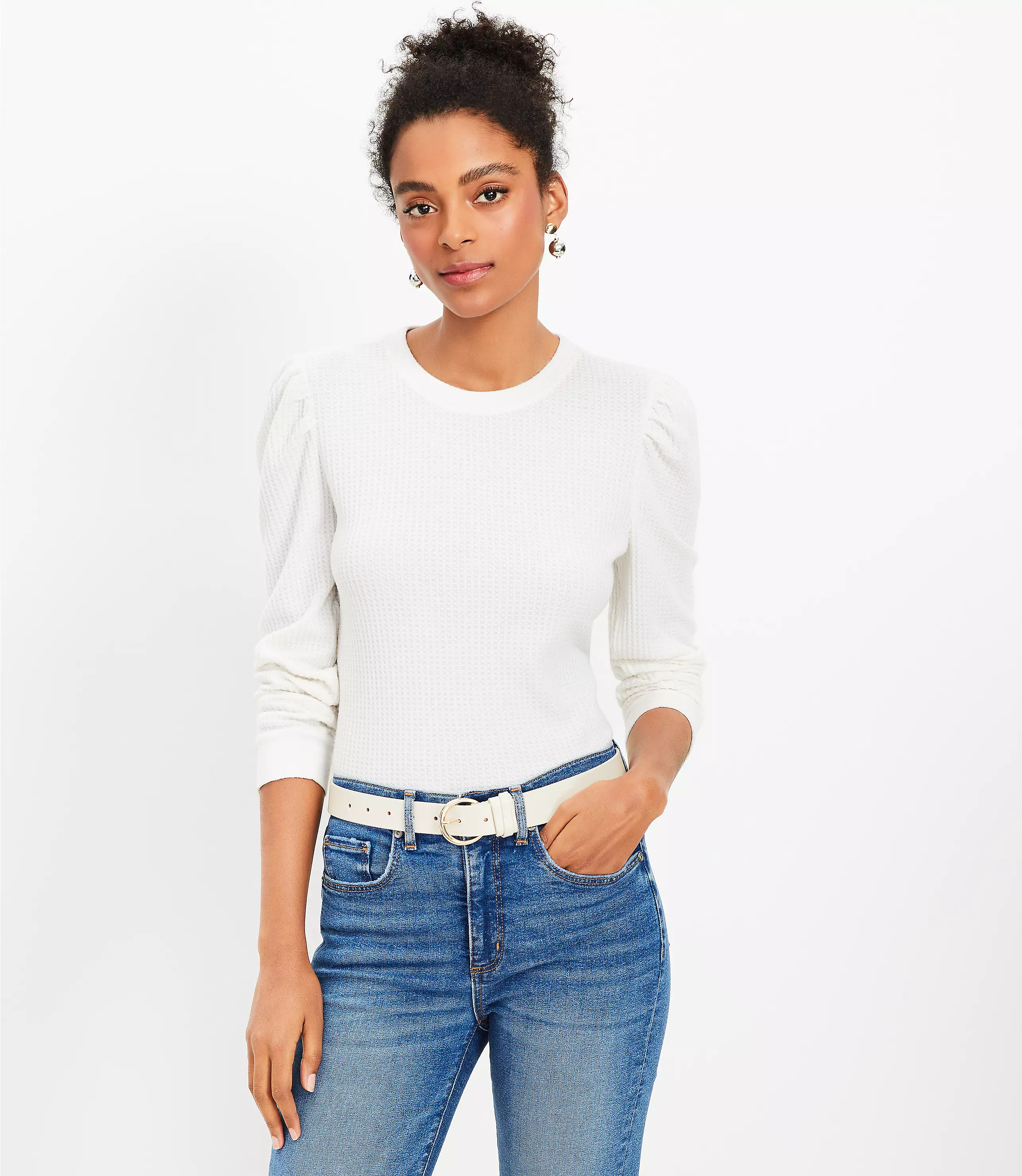 Brushed Waffle Puff Sleeve Top | LOFT