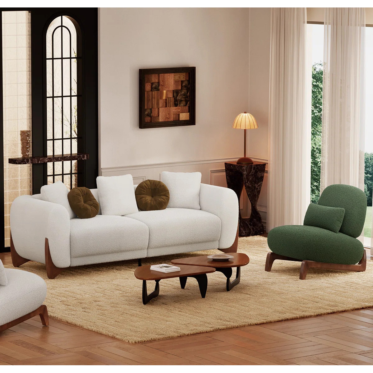 Keiven Modern Boucle Couch and Sherpa Lounge Accent Chair With Wood Base | Wayfair North America