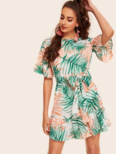 Tropical Ruffle Hem Belted Dress | SHEIN