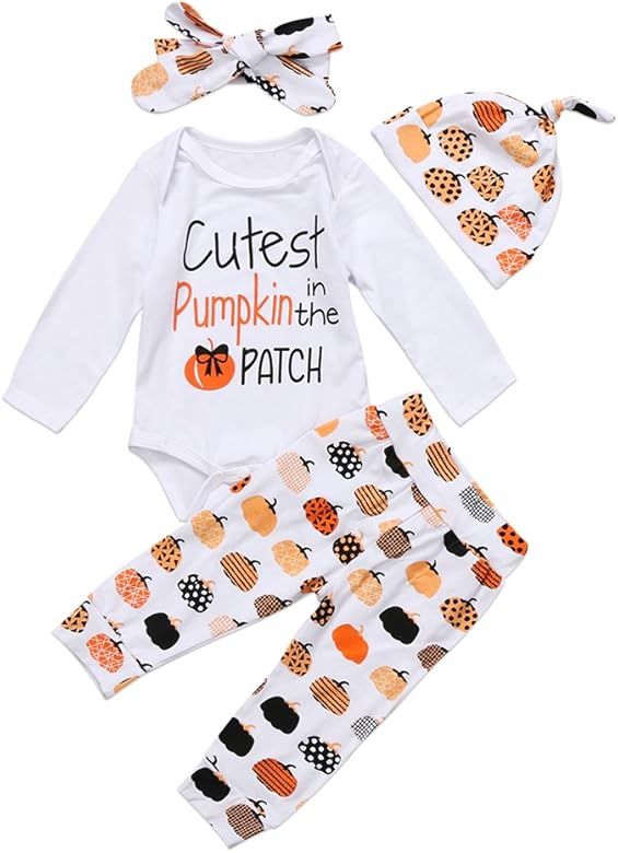 4Pcs Cute Infant Baby Girl Boy Halloween Thanksgiving Clothes Pumpkin Romper with Hat and Long Pa... | Amazon (US)