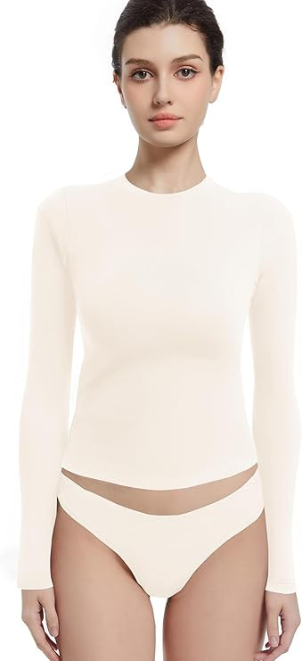 Abonlen Long Sleeve Shirts for Women Crewneck Basic Tees T Shirts Fitted Crop Tops Y2k Going Out ... | Amazon (US)