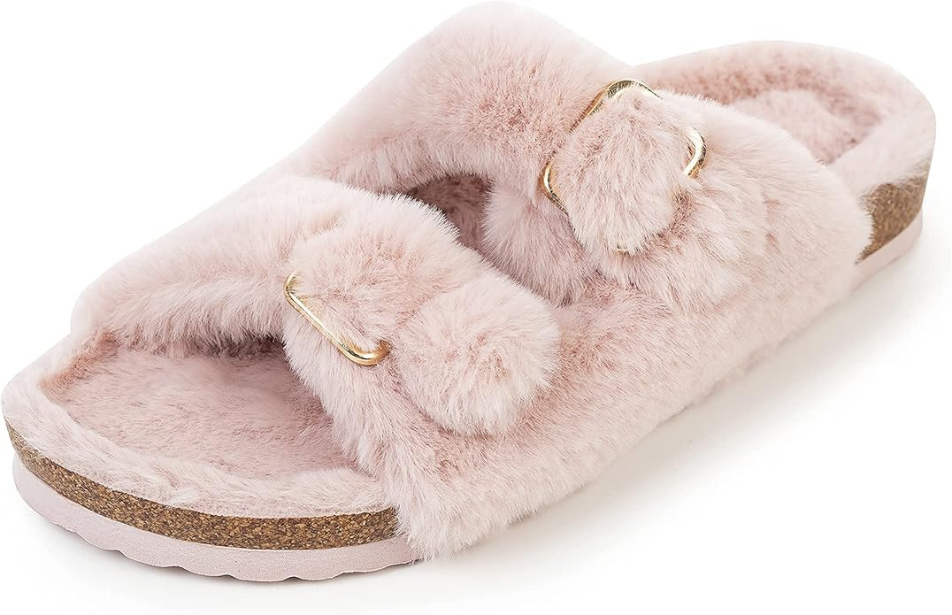 FITORY Womens Open Toe Slipper with Cozy Lining,Faux Rabbit Fur Cork Slide Sandals Size 6-11 | Amazon (US)