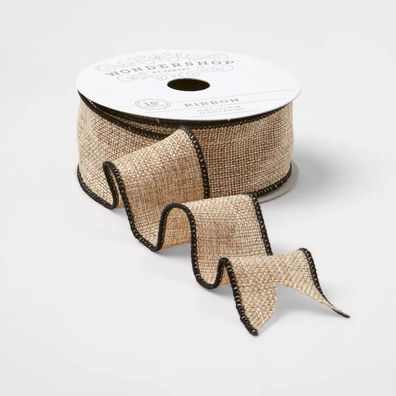 1.5" Linen Fabric Ribbon Natural/Black Edge 15ft - Wondershop™ | Target