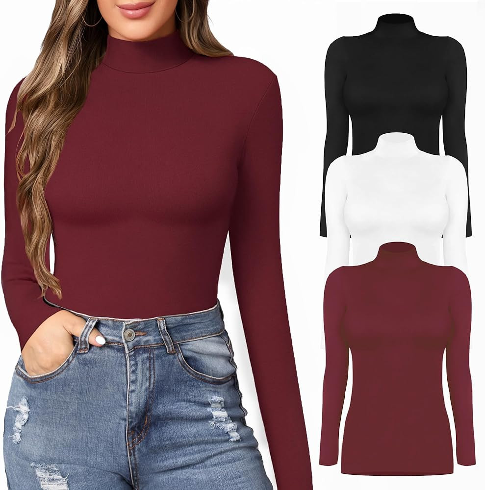 MANGOPOP Women's Mock Turtle Neck Slim Fit Long Sleeve T Shirt Tight Tops Tee | Amazon (US)