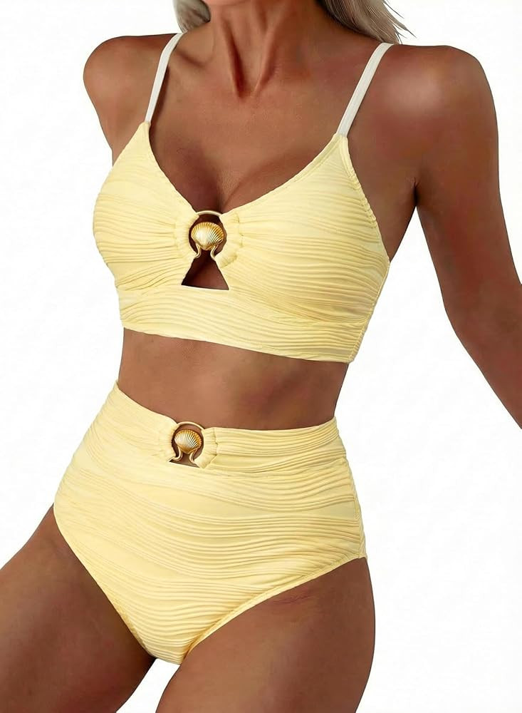 Herseas Womens 2 Piece Bikini Sets High Waisted Metal Ring Textured Swimsuit 2026 Summer Bathing ... | Amazon (US)
