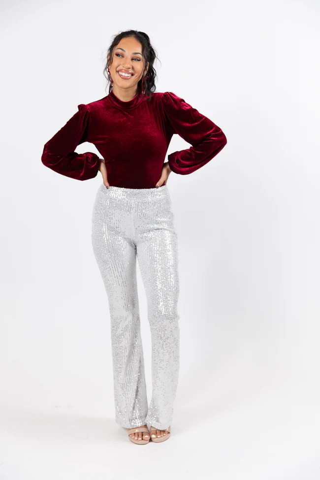 Queen of Hearts Silver Sequin Flare Pants SALE | Pink Lily